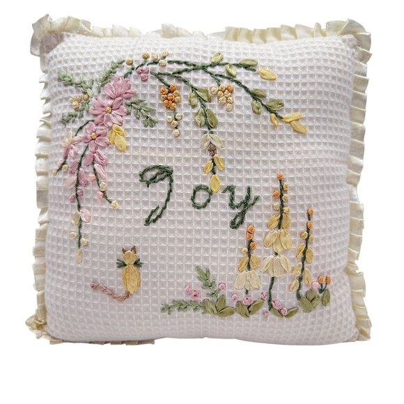 Other - Ribbon Embroidered Throw Pillow Joy Floral Cat Ruffled Edge Cottagecore 9 In